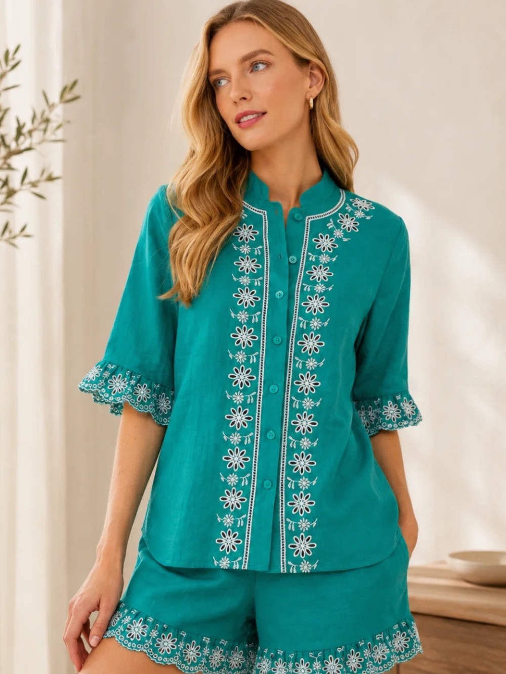 Tuckernuck Hyacinth House Embroidered Linen Montauk Lounge Shirt Green Size XS